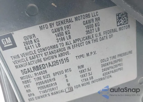 2010 Buick Enclave 1Xl из США, поврежденный, VIN 5GALRBED1AJ261516